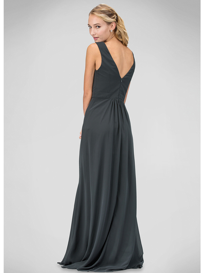 GL1389T V-neck Evening Dress with Jeweled Belt - Charcoal, Back View Medium