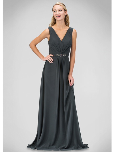 GL1389T V-neck Evening Dress with Jeweled Belt - Charcoal, Front View Medium