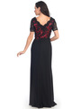 GL2000 Lace Over Satin Bodice Short Sleeve Evening Dress - Black Fuschia, Back View Thumbnail