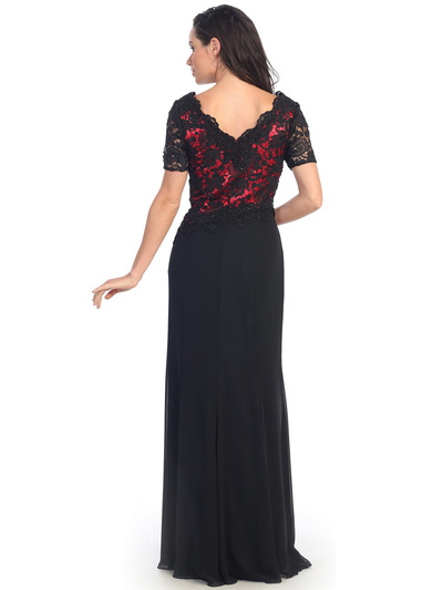 GL2000 Lace Over Satin Bodice Short Sleeve Evening Dress - Black Fuschia, Back View Medium