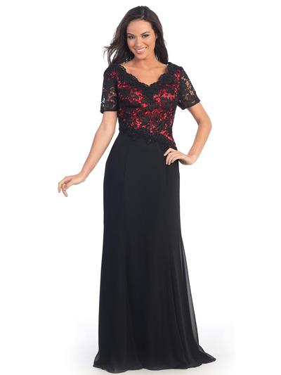GL2000 Lace Over Satin Bodice Short Sleeve Evening Dress - Black Fuschia, Front View Medium