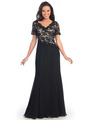 GL2000 Lace Over Satin Bodice Short Sleeve Evening Dress - Black Gold, Front View Thumbnail