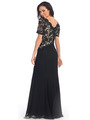 GL2000 Lace Over Satin Bodice Short Sleeve Evening Dress - Black Gold, Back View Thumbnail