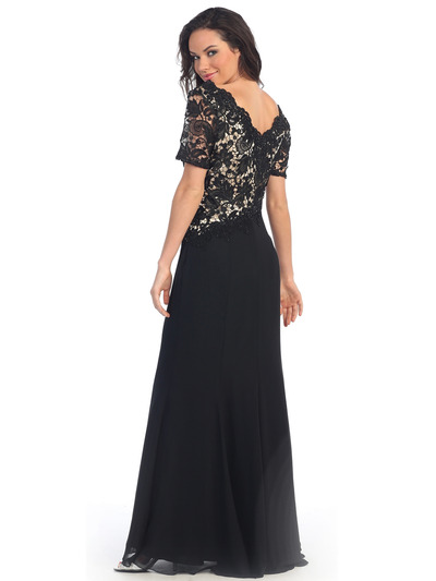 GL2000 Lace Over Satin Bodice Short Sleeve Evening Dress - Black Gold, Back View Medium