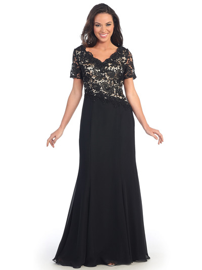 GL2000 Lace Over Satin Bodice Short Sleeve Evening Dress - Black Gold, Front View Medium