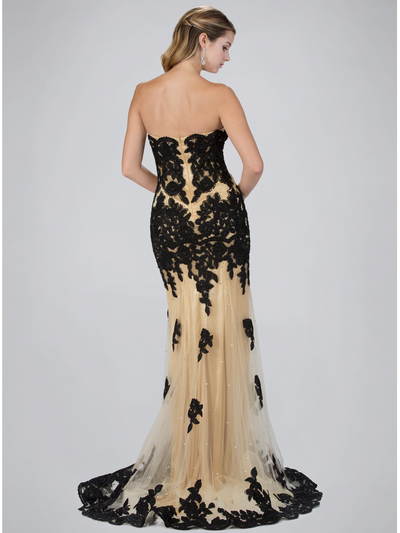 GL2005 Strapless Sweetheart Prom Evening Dress with Lace Applique - Black Gold, Back View Medium
