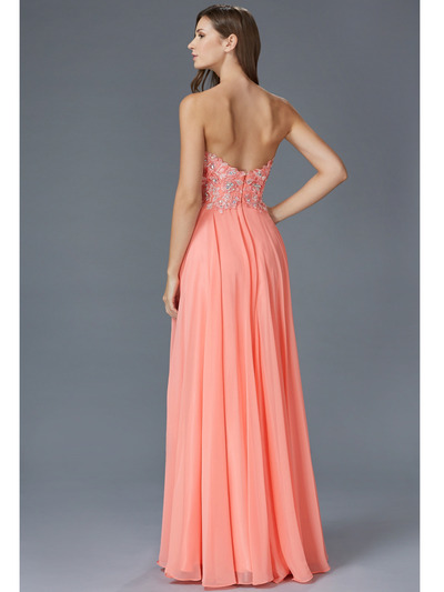 GL2049 Embellished Strapless Chiffon Gown - Coral, Back View Medium