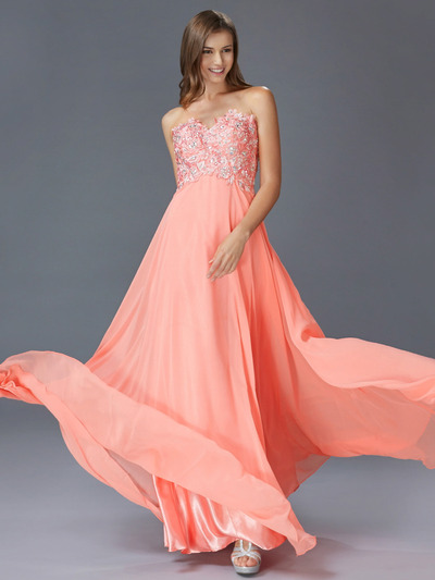 GL2049 Embellished Strapless Chiffon Gown - Coral, Front View Medium
