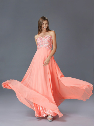 GL2049 Embellished Strapless Chiffon Gown - Coral, Alt View Medium