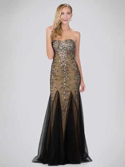 GL2067 Sequined Sweetheart Tulle Prom Dress  - Black Gold, Front View Medium