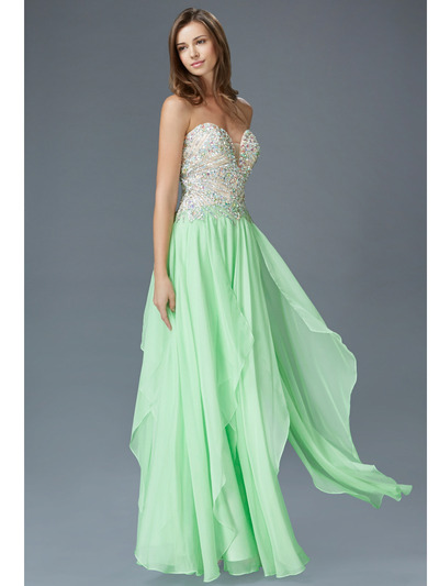 GL2092 Embellished Bodice Strapless Prom Dress - Light Green, Front View Medium