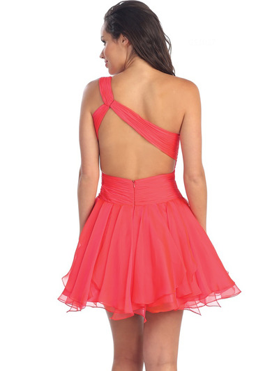 GS1037 One Shoulder Handkerchief Skirt Party Dress - Fuschia, Back View Medium