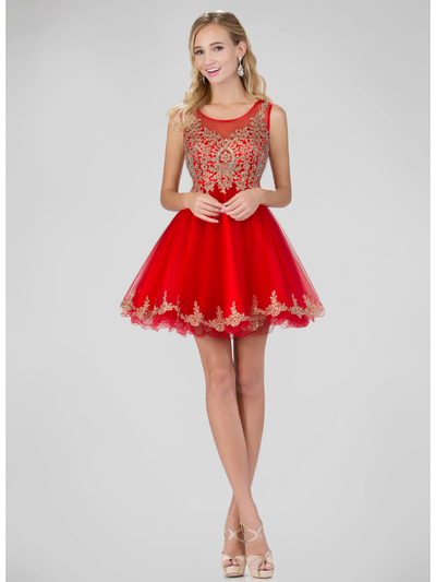 GS1334 Sleeveless Sheer Homecoming Dress with Lace Applique - Red, Front View Medium