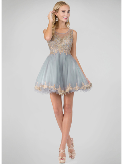 GS1334 Sleeveless Sheer Homecoming Dress with Lace Applique - Silver, Front View Medium