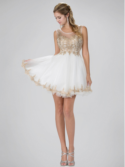 GS1334 Sleeveless Sheer Homecoming Dress with Lace Applique - White, Front View Medium