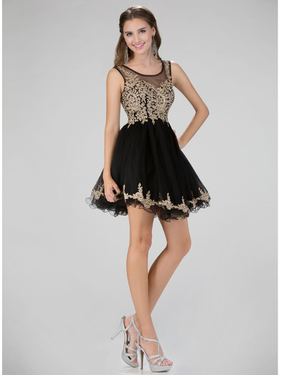 GS1334D Sleeveless Sheer Homecoming Dress with Lace Applique - Black, Front View Medium