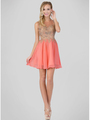 GS1336D Illusion Neckline Homecoming Mini Chiffon Gown - Coral, Front View Thumbnail