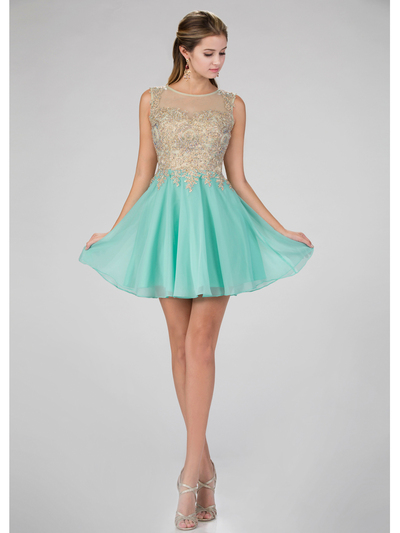 GS1336D Illusion Neckline Homecoming Mini Chiffon Gown - Tiffany, Front View Medium
