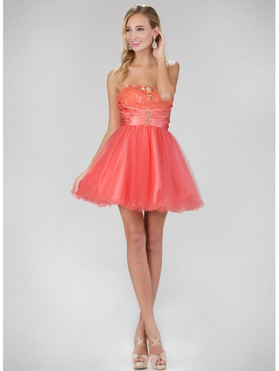 GS1345P Mini Sweetheart Homecoming Dress with Tulle Skirt - Coral, Front View Medium