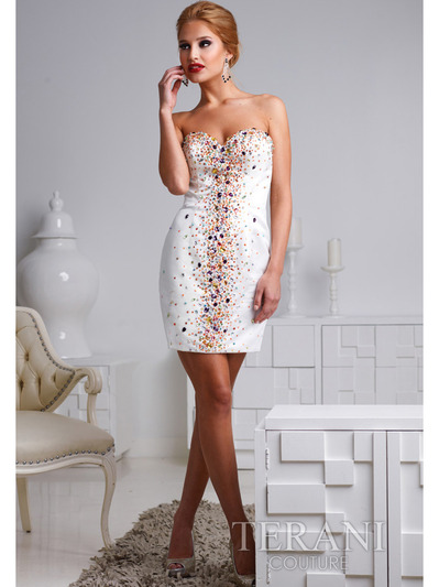 H1201 Ivory Sweetheart Crystal Embellished Cocktail Dress By Terani - Ivory Multi, Front View Medium