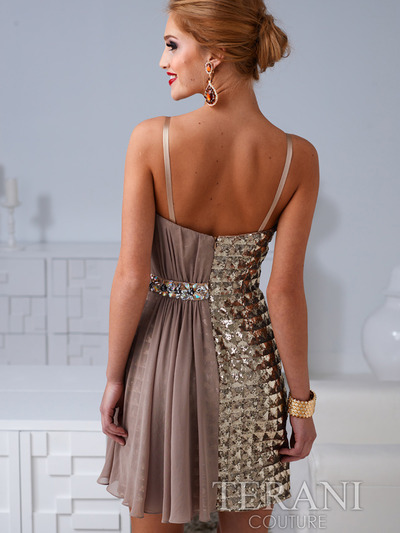 H1207 Checkered and Chiffon Drapped Cocktail Dress By Terani - Gold, Back View Medium