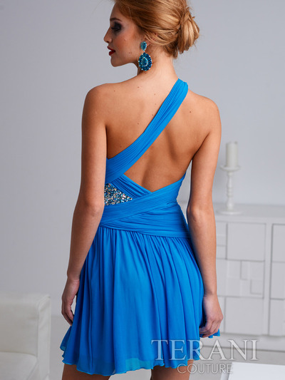 H1218 Pleated And Jewled One Shoulder Homecoming Dress By Terani - Turquoise, Back View Medium