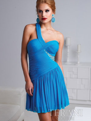 H1218 Pleated And Jewled One Shoulder Homecoming Dress By Terani, Turquoise