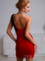 H1219 Pleated One Shoulder Homecoming Dress By Terani - Red Black, Back View Thumbnail