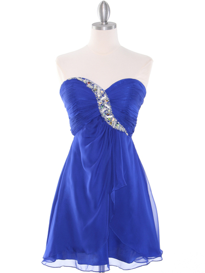 HK5744 Shirred Front Jeweled Homecoming Dress - Blue, Front View Medium