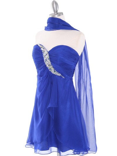 HK5744 Shirred Front Jeweled Homecoming Dress - Blue, Alt View Medium