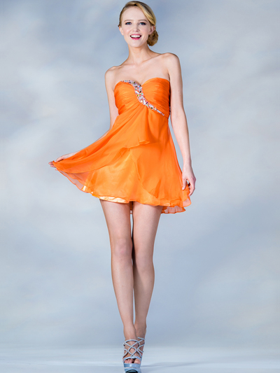 HK5744 Shirred Front Jeweled Homecoming Dress - Orange, Front View Medium