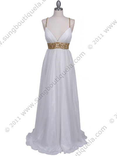 HK9163 White Beaded Evening Dress - White, Front View Medium
