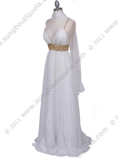 HK9163 White Beaded Evening Dress - White, Alt View Medium