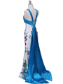 HK9176 Blue Halter Printed Evening Dress - Blue, Back View Thumbnail