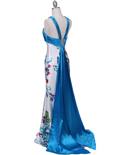 HK9176 Blue Halter Printed Evening Dress - Blue, Back View Medium