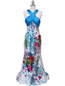 Blue Halter Printed Evening Dress