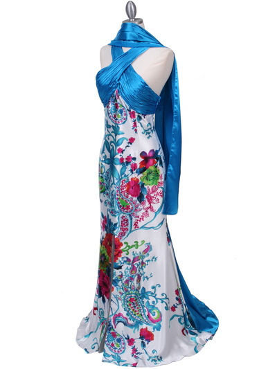 HK9176 Blue Halter Printed Evening Dress - Blue, Alt View Medium