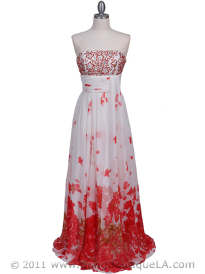 HK9196 White Red Printed Prom Evening Dress, White Red