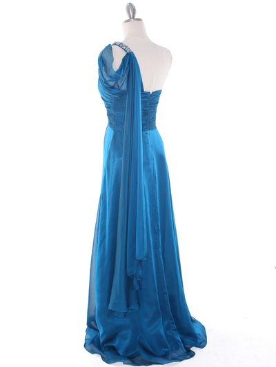 J1330S One Shoulder Jeweled Evening Dress - Teal Blue, Back View Medium
