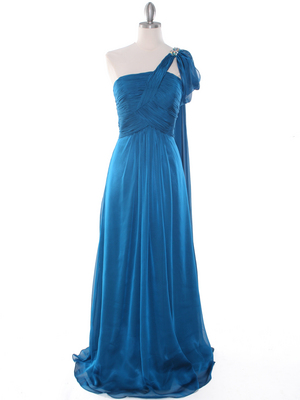 J1330S One Shoulder Jeweled Evening Dress, Teal Blue