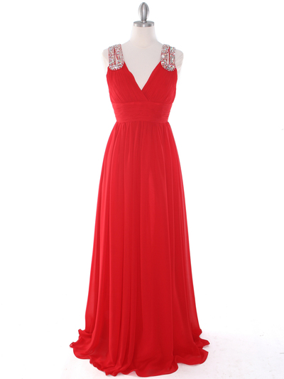 J1332S Jeweled Evening Dress - Red, Front View Medium