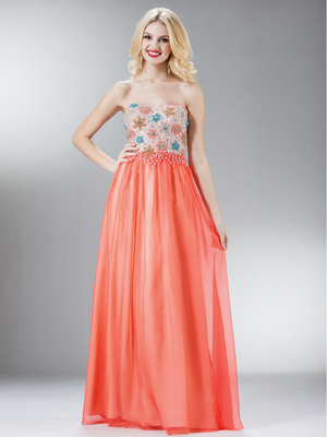 J7006A Floral Embellished Bodice A-line Prom Dress, Coral