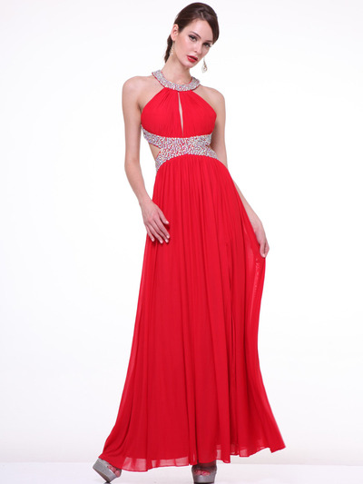 J714 Halter Neck Side Cutout Evening Dress - Red, Front View Medium