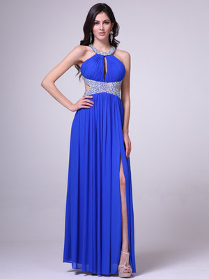 J714 Halter Neck Side Cutout Evening Dress, Royal Blue