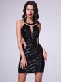 J717 Jeweled Neck Sequin Cocktail Dress    - Black, Front View Thumbnail