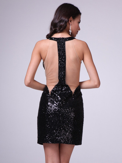 J717 Jeweled Neck Sequin Cocktail Dress    - Black, Back View Medium