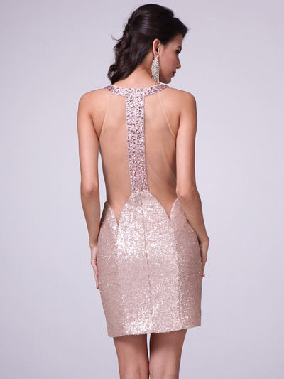 J717 Jeweled Neck Sequin Cocktail Dress    - Champagne, Back View Medium