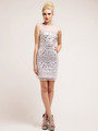 J9008 Large Stone Embellished Illusion Cocktail Dress - Off White, Front View Thumbnail