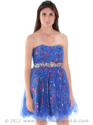 JC004 Strapless Net Overlay Sequin Homecoming Dress, Royal Blue