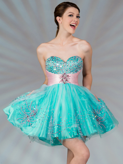 JC022 Dual Color Short Prom Dress - Turquoise Pink, Front View Medium